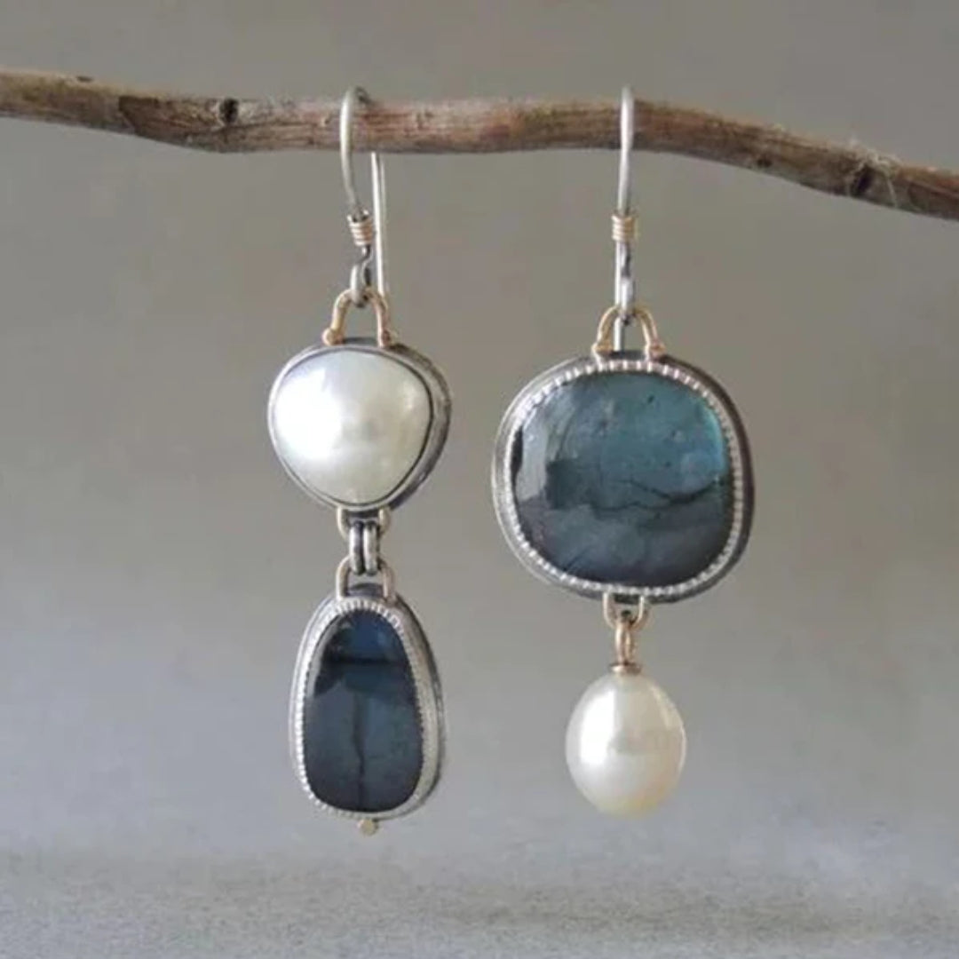 Pendientes vintage azul y perlas